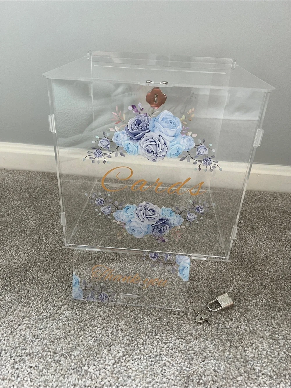 Acrylic Blue Floral Clear Card Box with Lock for Wedding, Graduation, Showers